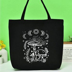 Black & White Mushroom Moon Phase Print Tote Bag
